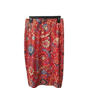 Gretchen Scott Women's Red Boho Paisley Floral Stretch Pencil Skirt Sz Med Twee
